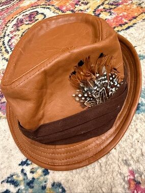 Forever 21 Tan/Brown Leather-Look Fedora with Feather Accent